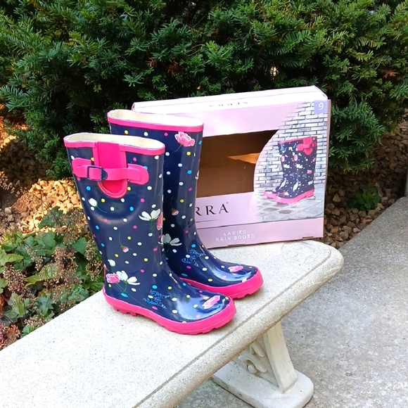 Serra Rain Boots Women’s  Tall Navy & Pink Floral Butterflies Polka Dots Sz 9 - Picture 1 of 12